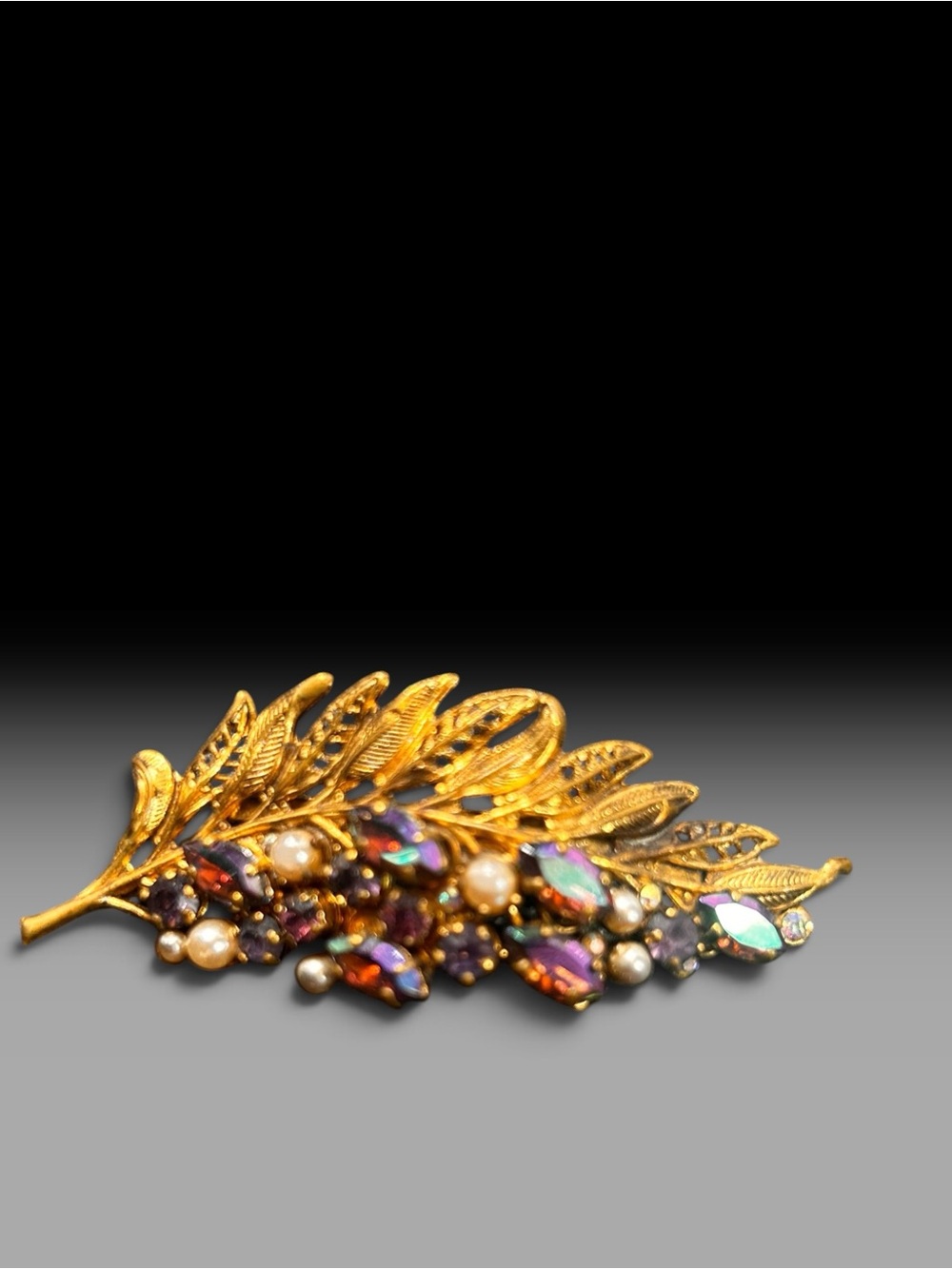 Vintage Gold Leaf Multicolor Crystal & Pearl Brooch Evening